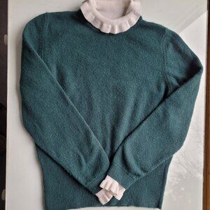 Sandro Feminine Wool Sweater with Ruffle Neck and Cuffs Deep Green Size M